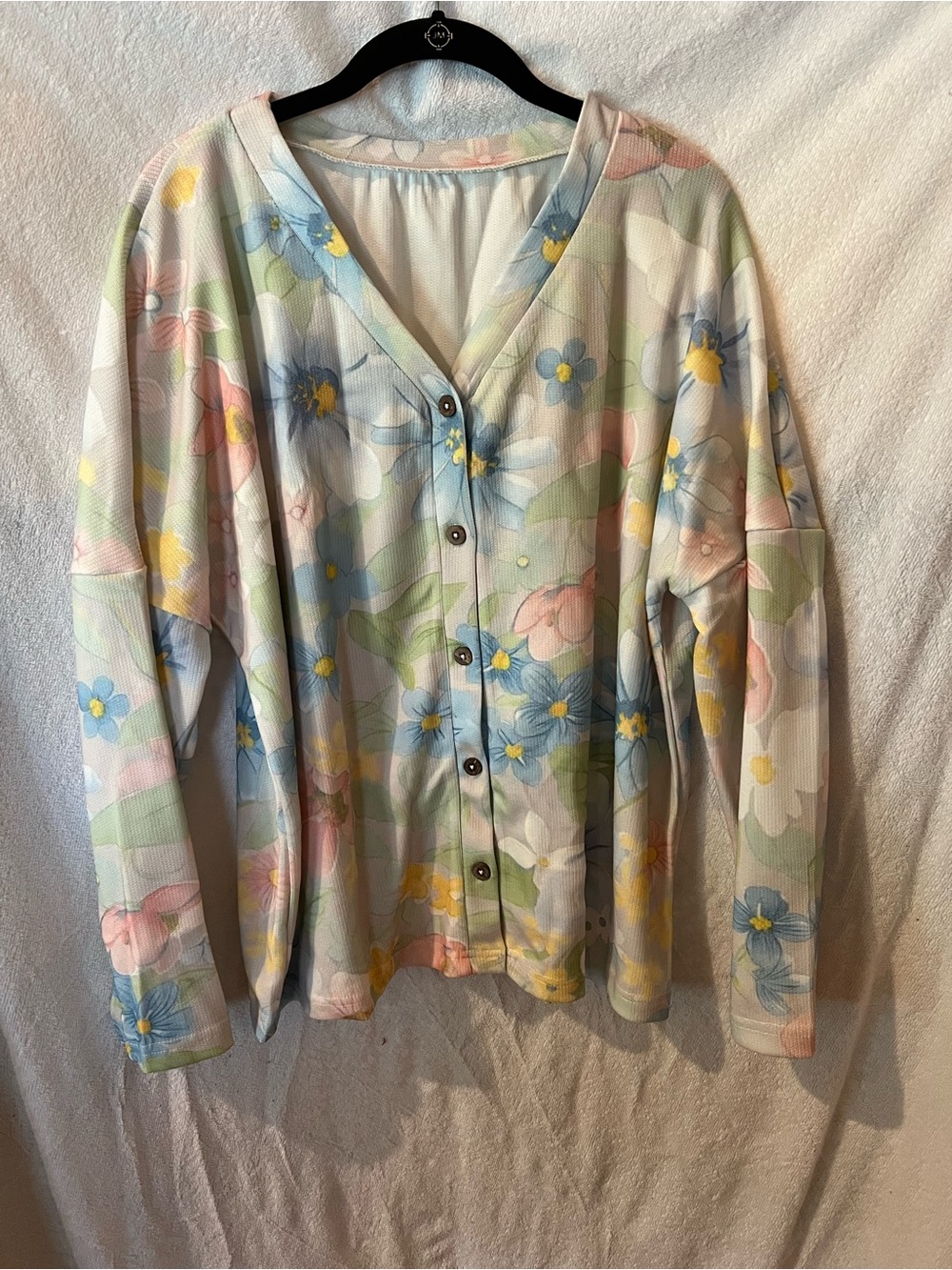 Floral Button-Front V-Neck Top - Pastel Multicolor